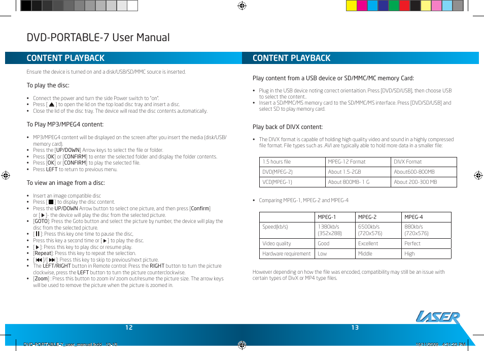 Dvd-portable-7 user manual, Content playback | Laser DVD-PORTABLE-7 User Manual | Page 7 / 9