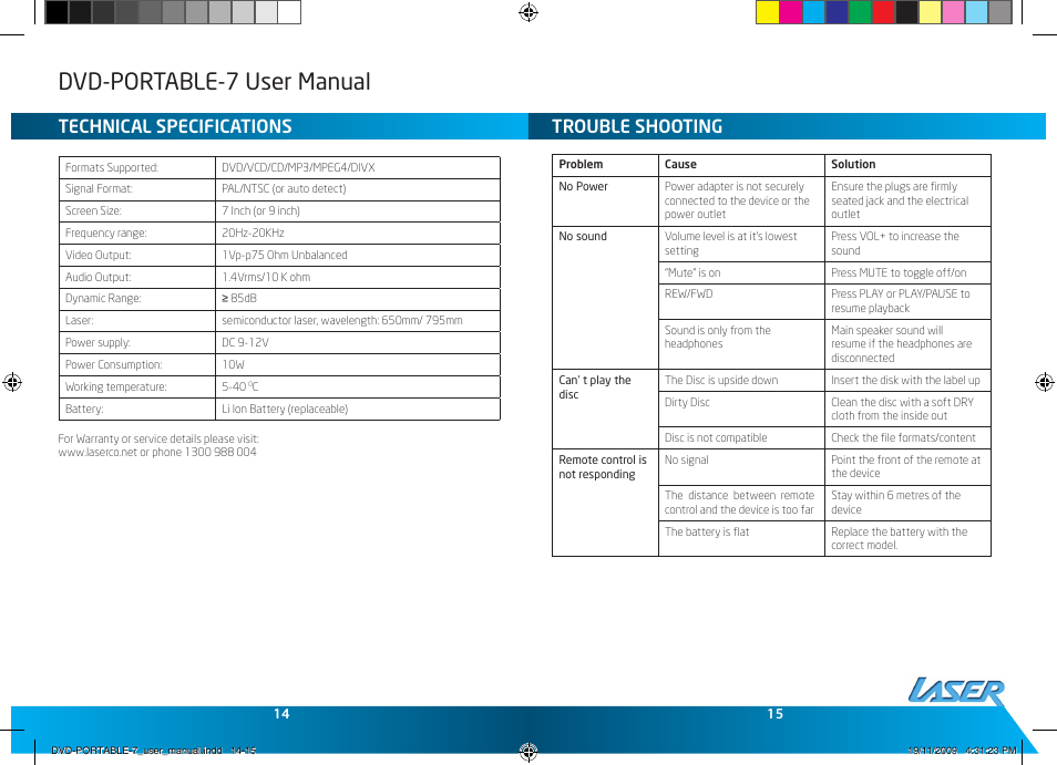 Dvd-portable-7 user manual, Trouble shooting, Technical specifications | Laser DVD-PORTABLE-7 User Manual | Page 8 / 9