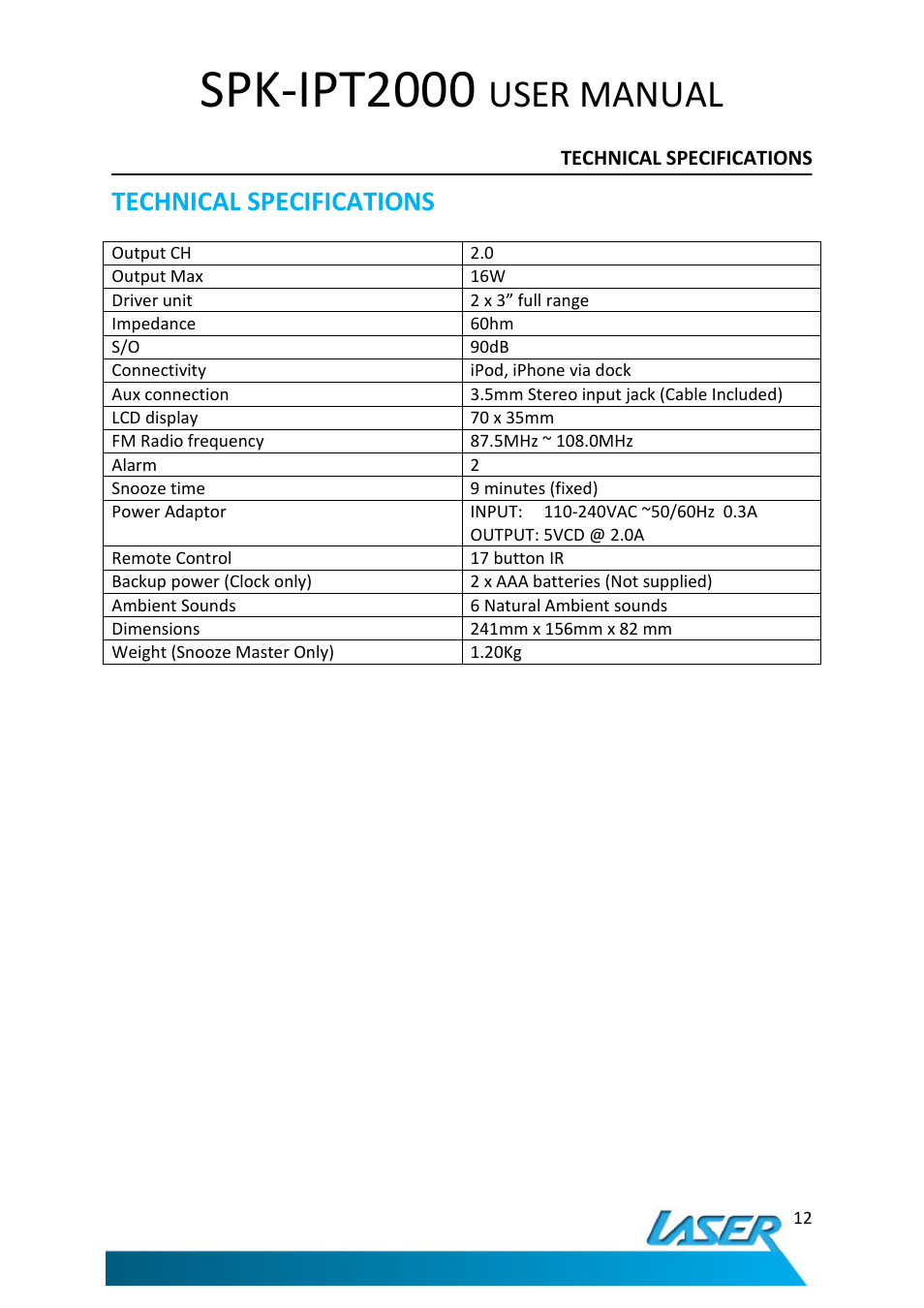 Spk-ipt2000, User manual, Technical specifications | Laser SNOOZE MASTER SPK-IPT2000 User Manual | Page 13 / 14