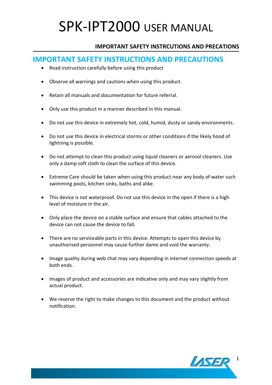 Spk-ipt2000, User manual, Important safety instructions and precautions | Laser SNOOZE MASTER SPK-IPT2000 User Manual | Page 2 / 14