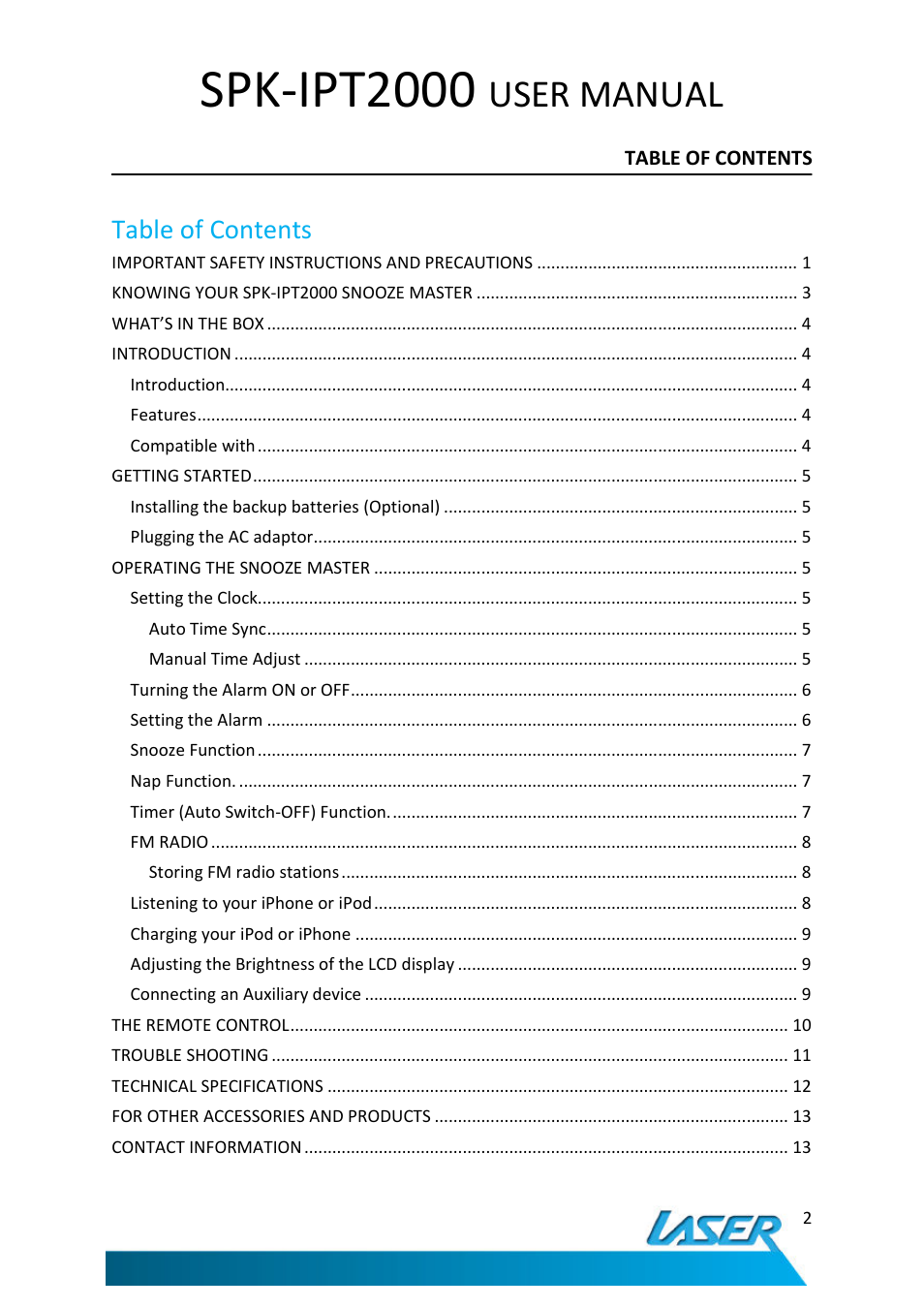 Laser SNOOZE MASTER SPK-IPT2000 User Manual | Page 3 / 14