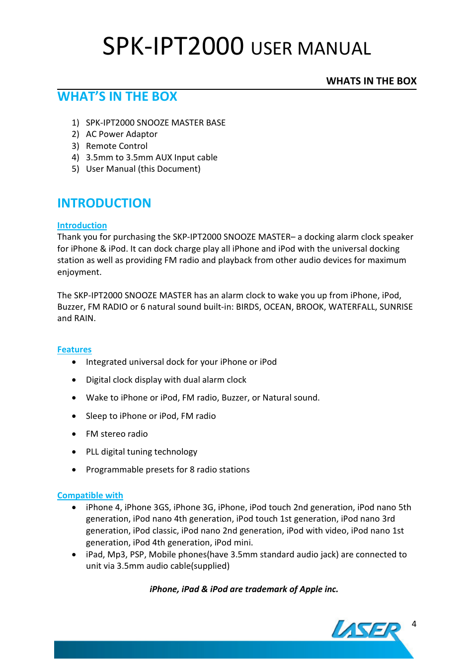 Spk-ipt2000, User manual, What’s in the box | Introduction | Laser SNOOZE MASTER SPK-IPT2000 User Manual | Page 5 / 14