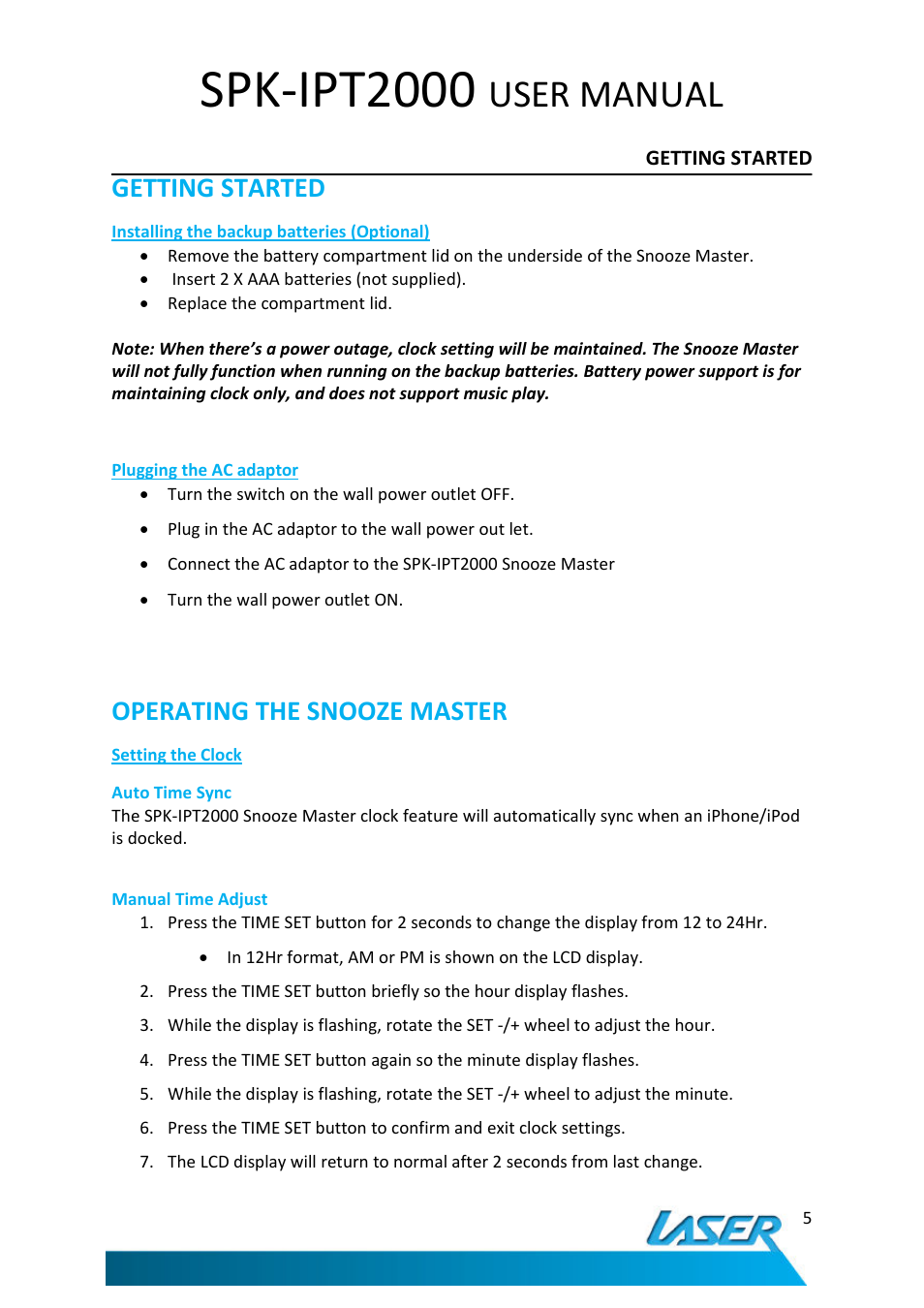 Spk-ipt2000, User manual, Getting started | Operating the snooze master | Laser SNOOZE MASTER SPK-IPT2000 User Manual | Page 6 / 14
