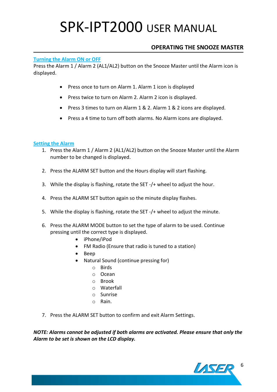 Spk-ipt2000, User manual | Laser SNOOZE MASTER SPK-IPT2000 User Manual | Page 7 / 14