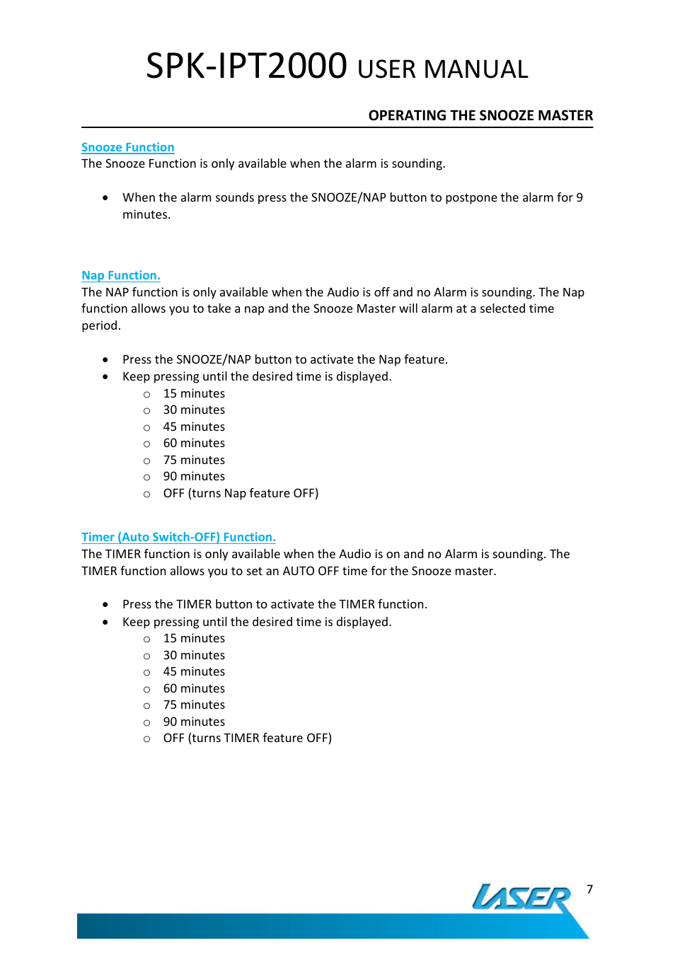 Spk-ipt2000, User manual | Laser SNOOZE MASTER SPK-IPT2000 User Manual | Page 8 / 14