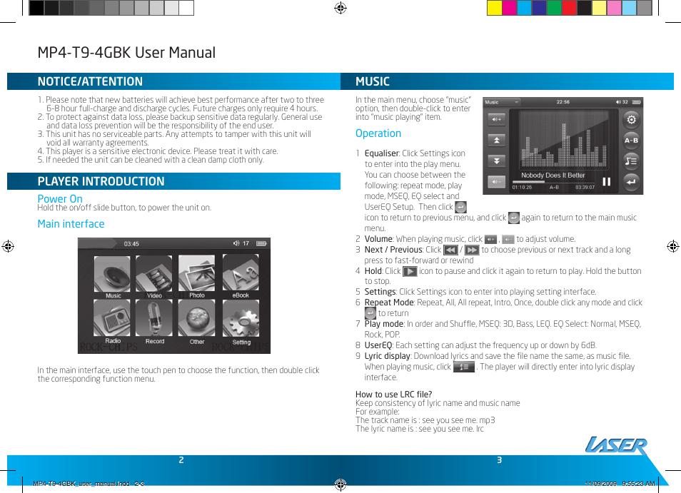 Mp4-t9-4gbk user manual, Music, Notice/attention | Player introduction | Laser MP4-T9-8GBK User Manual | Page 2 / 7