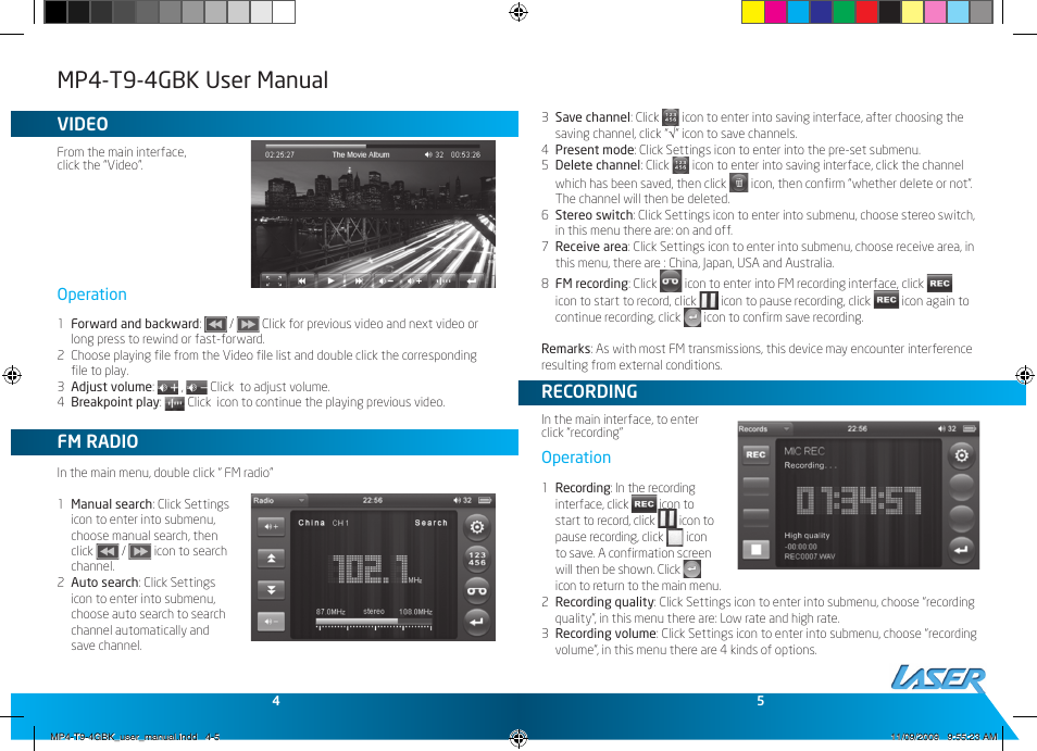 Mp4-t9-4gbk user manual, Video, Fm radio | Recording | Laser MP4-T9-8GBK User Manual | Page 3 / 7