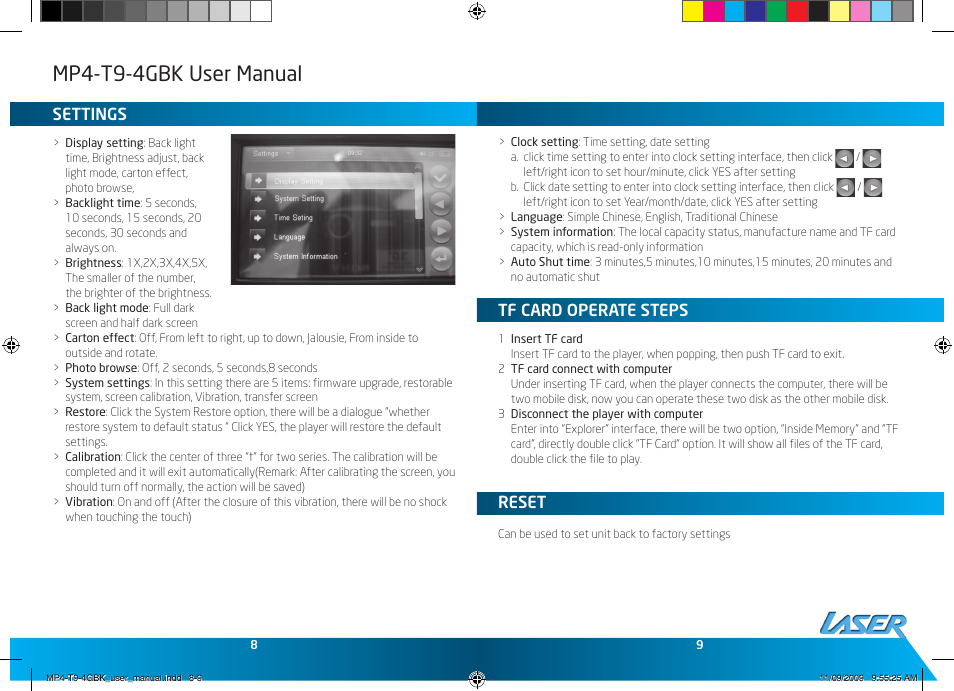 Mp4-t9-4gbk user manual, Settings, Tf card operate steps | Reset | Laser MP4-T9-8GBK User Manual | Page 5 / 7