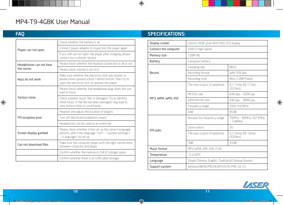 Mp4-t9-4gbk user manual, Specifications | Laser MP4-T9-8GBK User Manual | Page 6 / 7