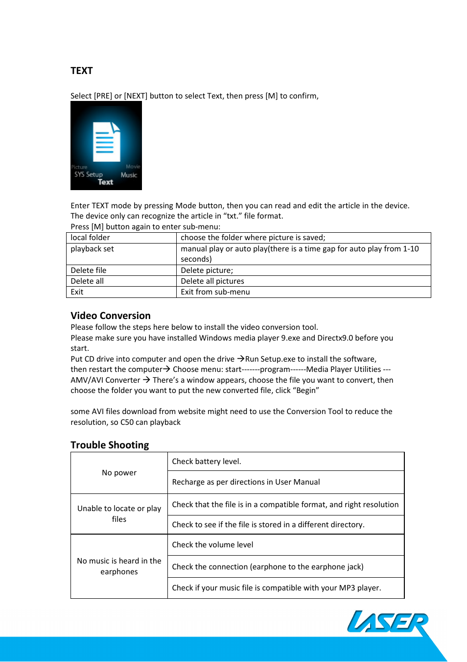 Text, Video conversion, Trouble shooting | Laser MP4-L50 User Manual | Page 11 / 12