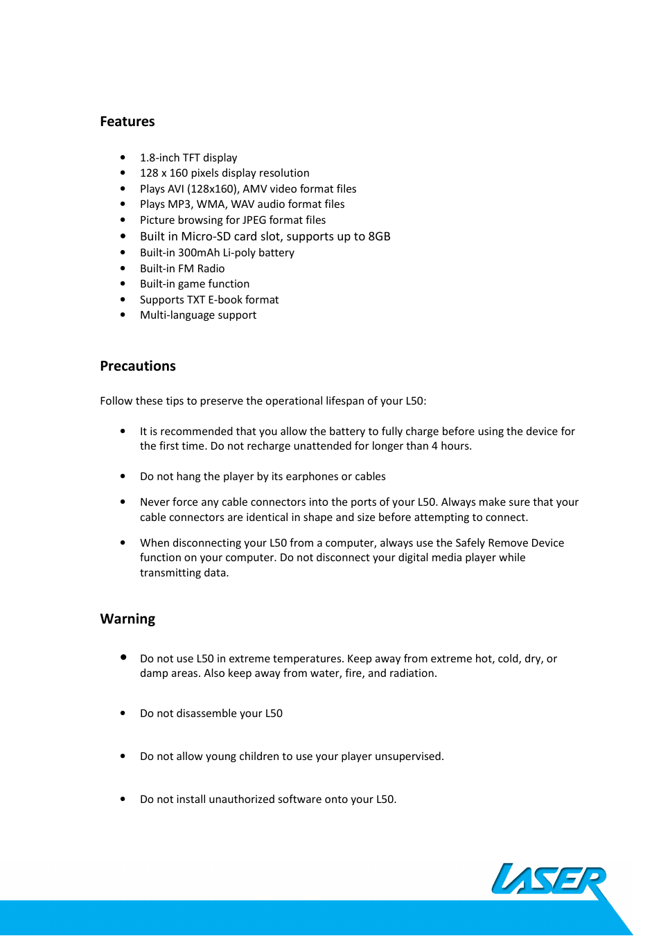 Features, Precautions, Warning | Laser MP4-L50 User Manual | Page 3 / 12