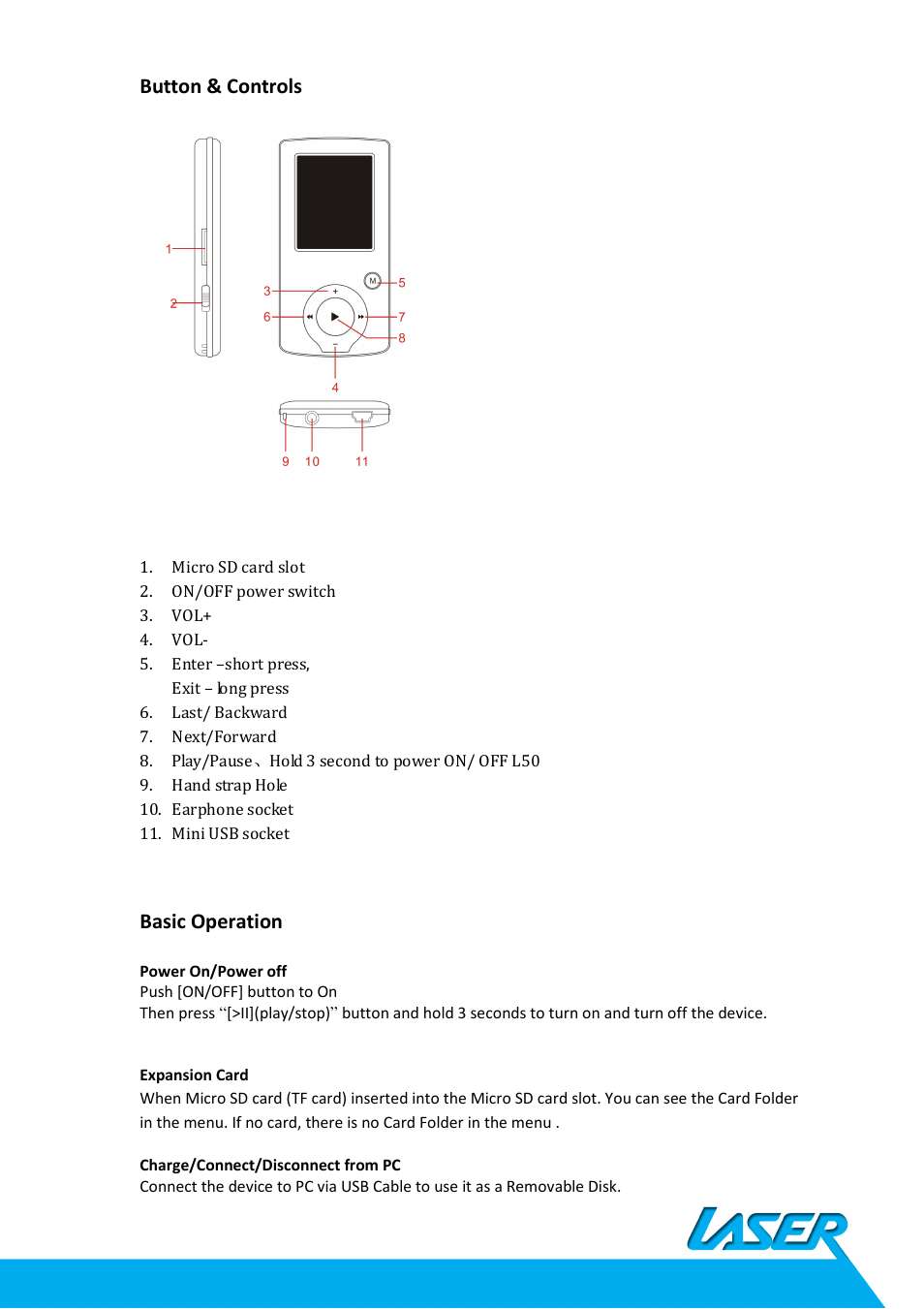 Button & controls, Basic operation | Laser MP4-L50 User Manual | Page 4 / 12