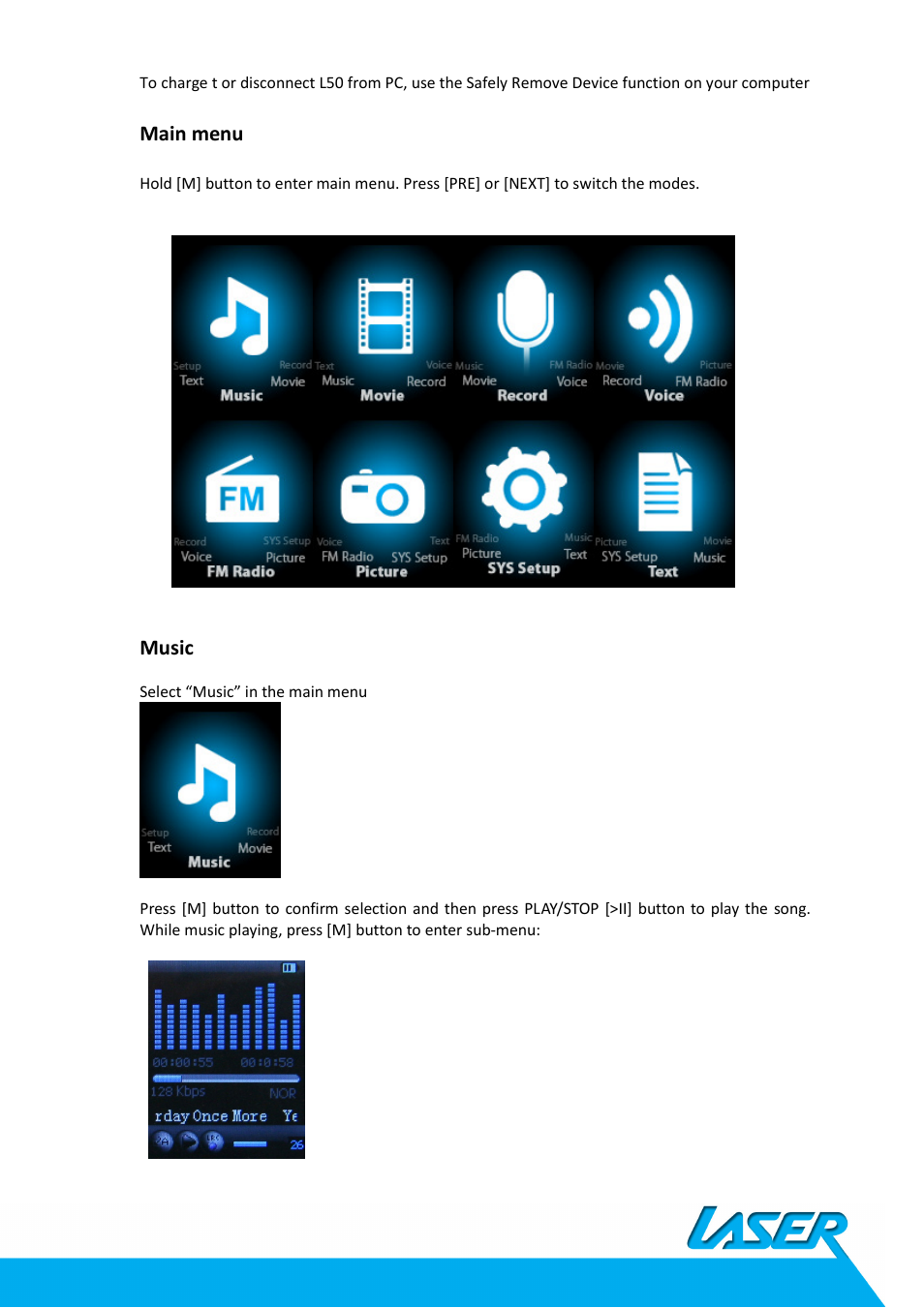 Main menu, Music | Laser MP4-L50 User Manual | Page 5 / 12