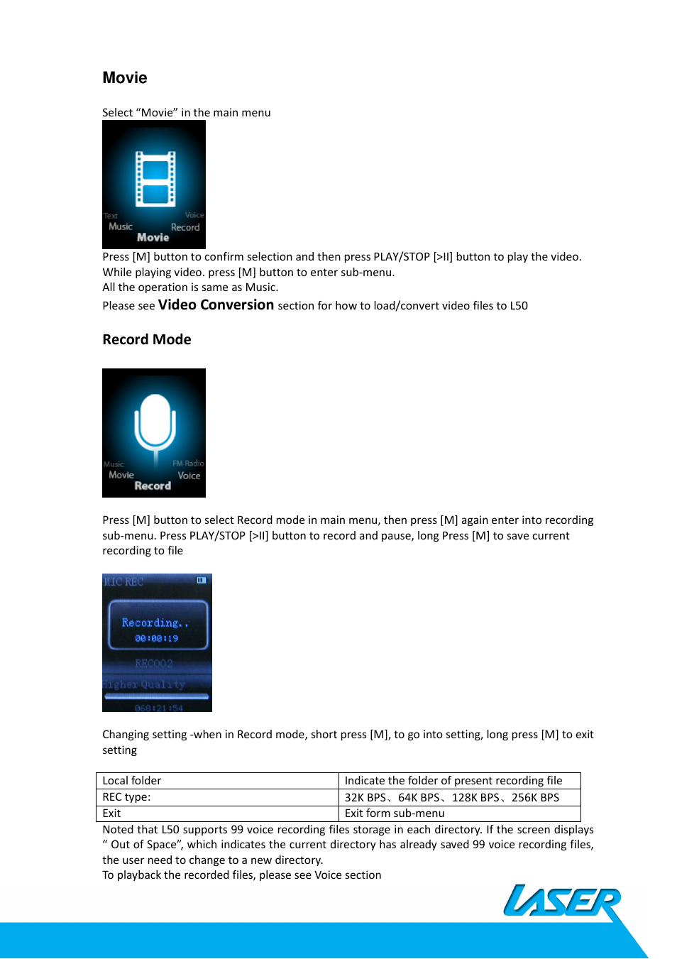 Movie, Video conversion, Record mode | Laser MP4-L50 User Manual | Page 7 / 12