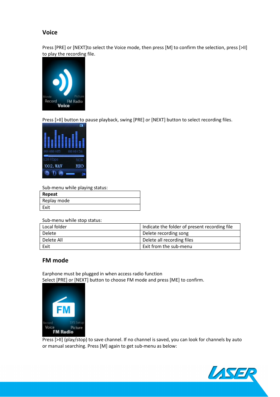 Voice, Fm mode | Laser MP4-L50 User Manual | Page 8 / 12