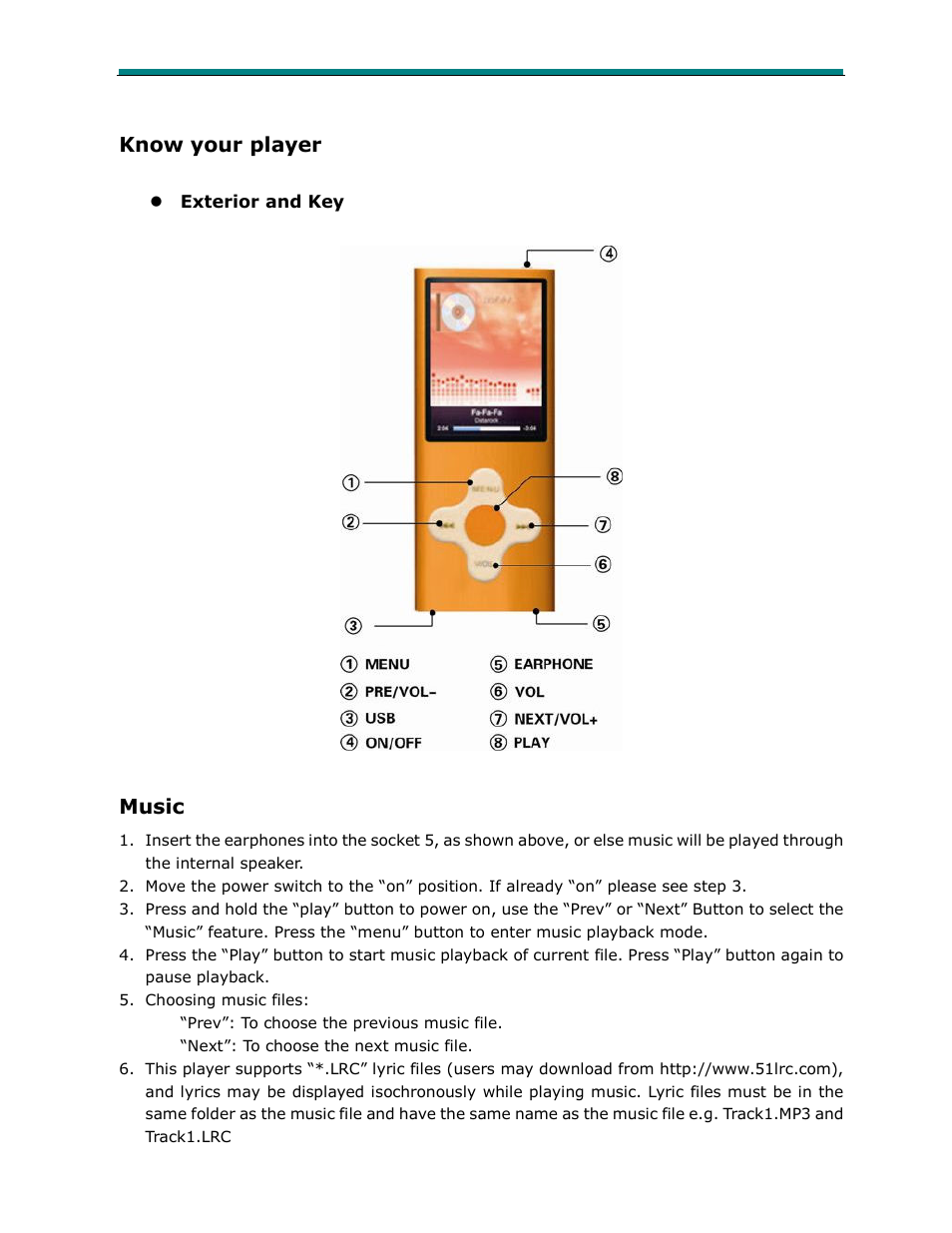 Know your player, Music | Laser Video 2 Go MP4-P13 User Manual | Page 2 / 11