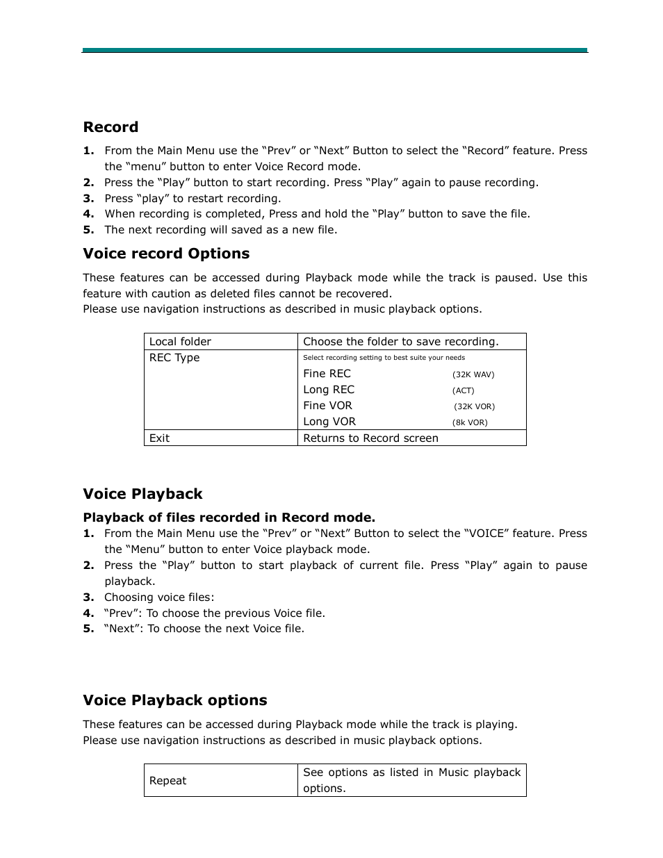 Record, Voice record options, Voice playback | Voice playback options | Laser Video 2 Go MP4-P13 User Manual | Page 6 / 11