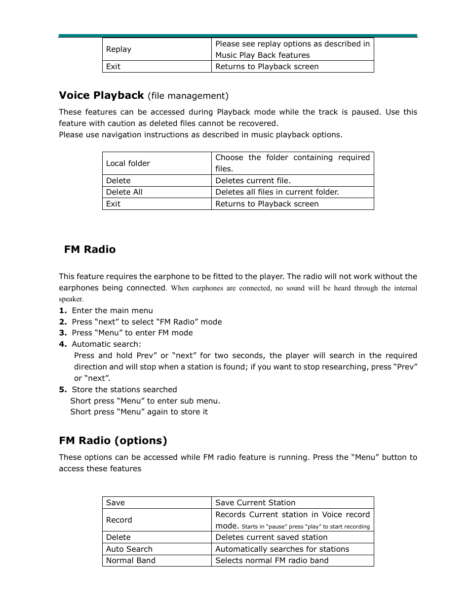 Voice playback, Fm radio, Fm radio (options) | Laser Video 2 Go MP4-P13 User Manual | Page 7 / 11