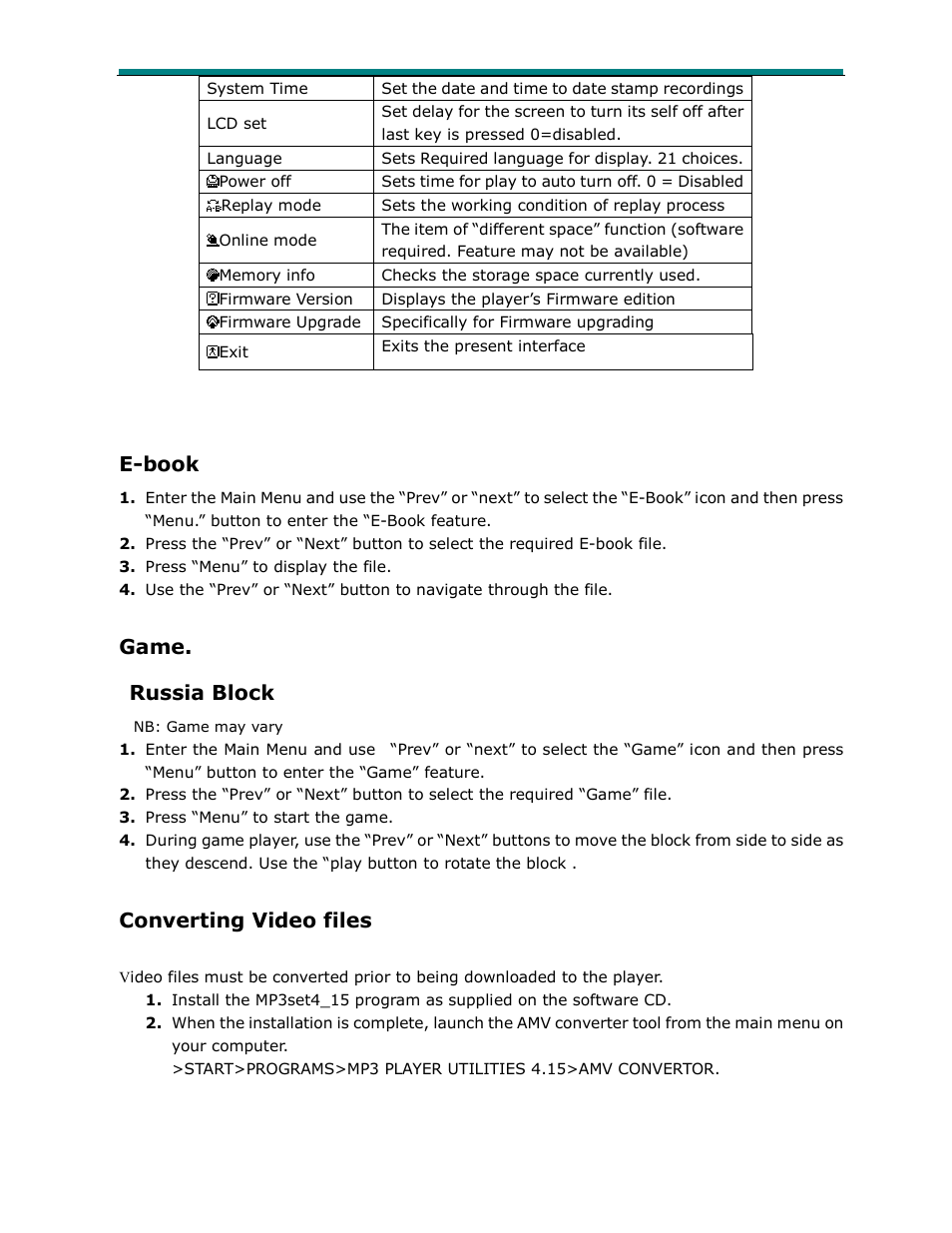 E-book, Game. russia block, Converting video files | Laser Video 2 Go MP4-P13 User Manual | Page 9 / 11