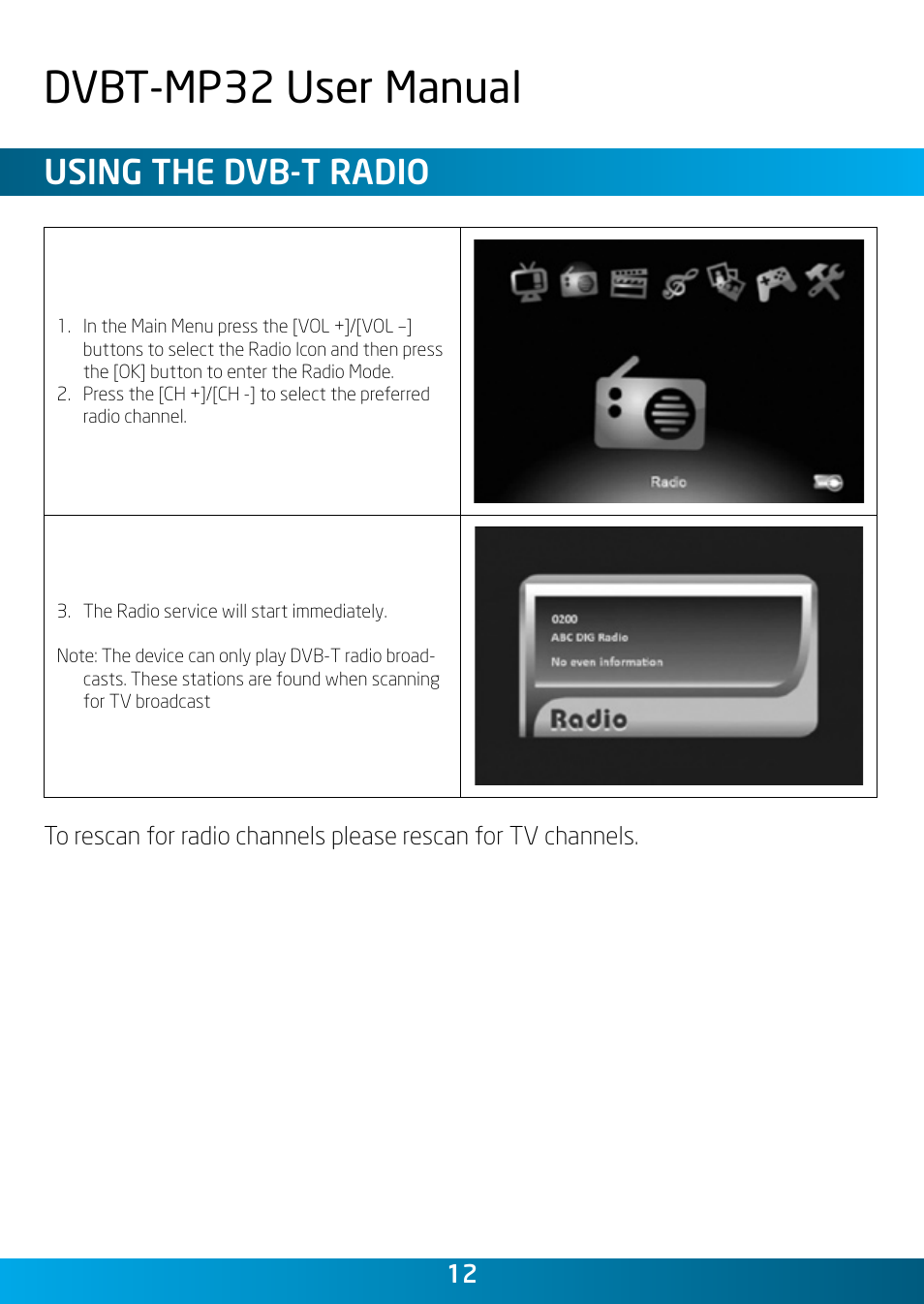 Dvbt-mp32 user manual, Using the dvb-t radio | Laser DVBT-MP32 User Manual | Page 12 / 24