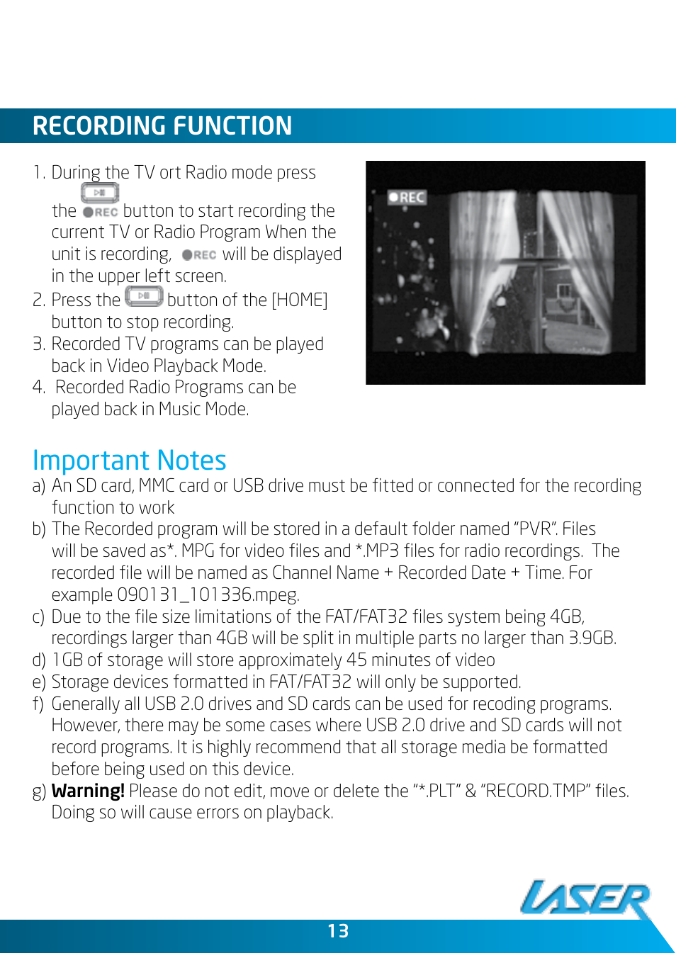 Recording function, Connection guide | Laser DVBT-MP32 User Manual | Page 13 / 24
