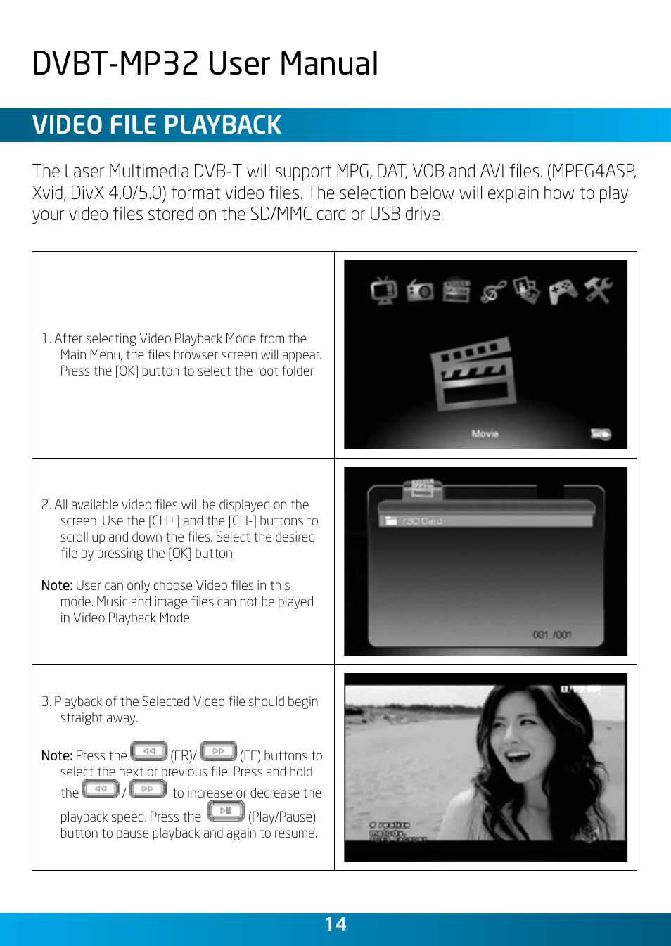Dvbt-mp32 user manual, Video file playback | Laser DVBT-MP32 User Manual | Page 14 / 24