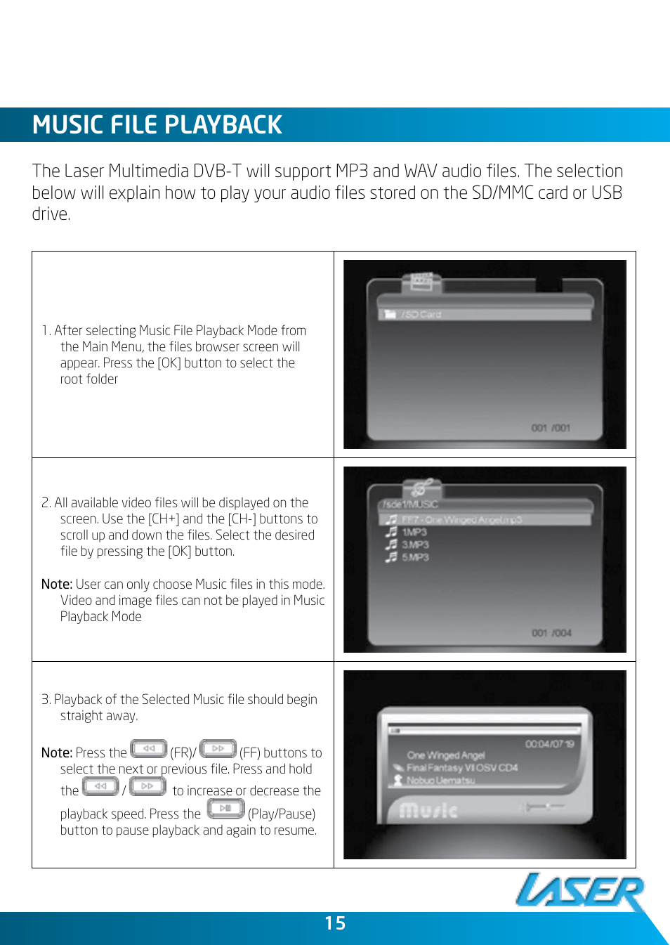 Music file playback | Laser DVBT-MP32 User Manual | Page 15 / 24