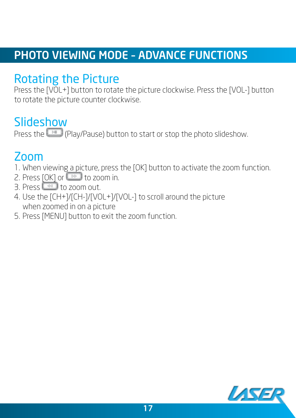 Rotating the picture, Slideshow, Zoom | Photo viewing mode – advance functions | Laser DVBT-MP32 User Manual | Page 17 / 24