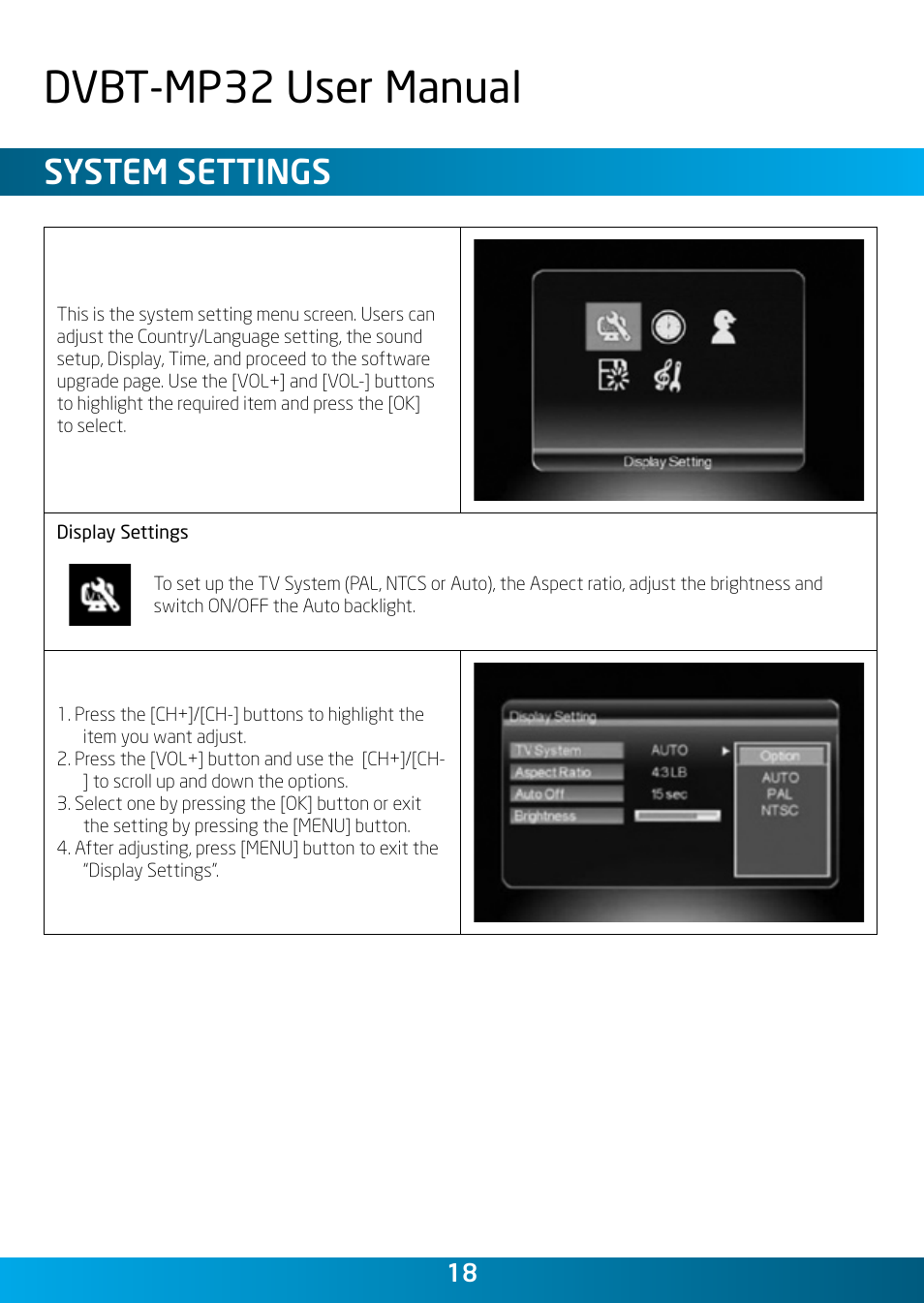 Dvbt-mp32 user manual, System settings | Laser DVBT-MP32 User Manual | Page 18 / 24
