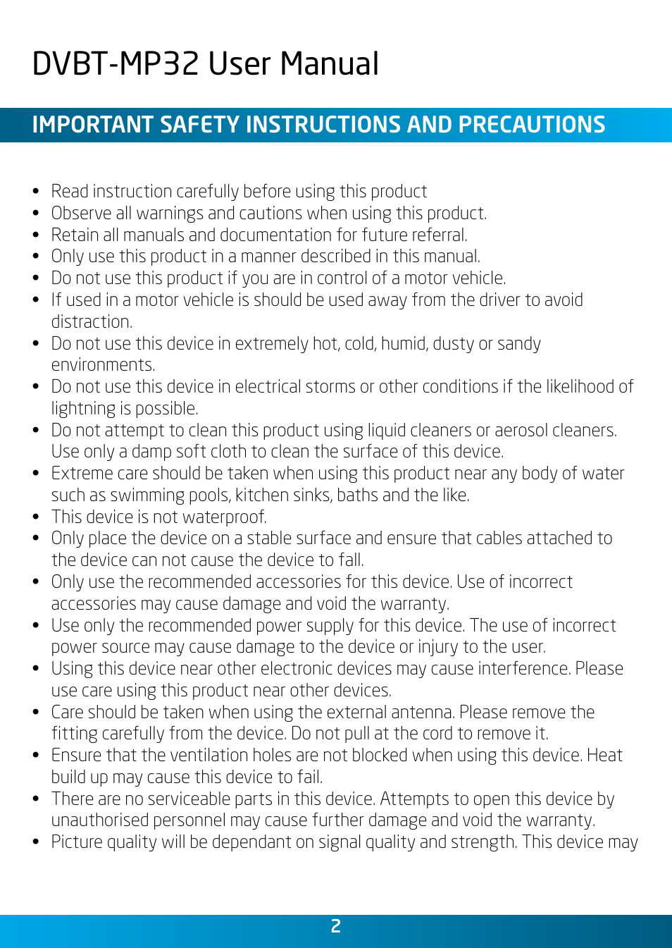 Dvbt-mp32 user manual, Important safety instructions and precautions | Laser DVBT-MP32 User Manual | Page 2 / 24