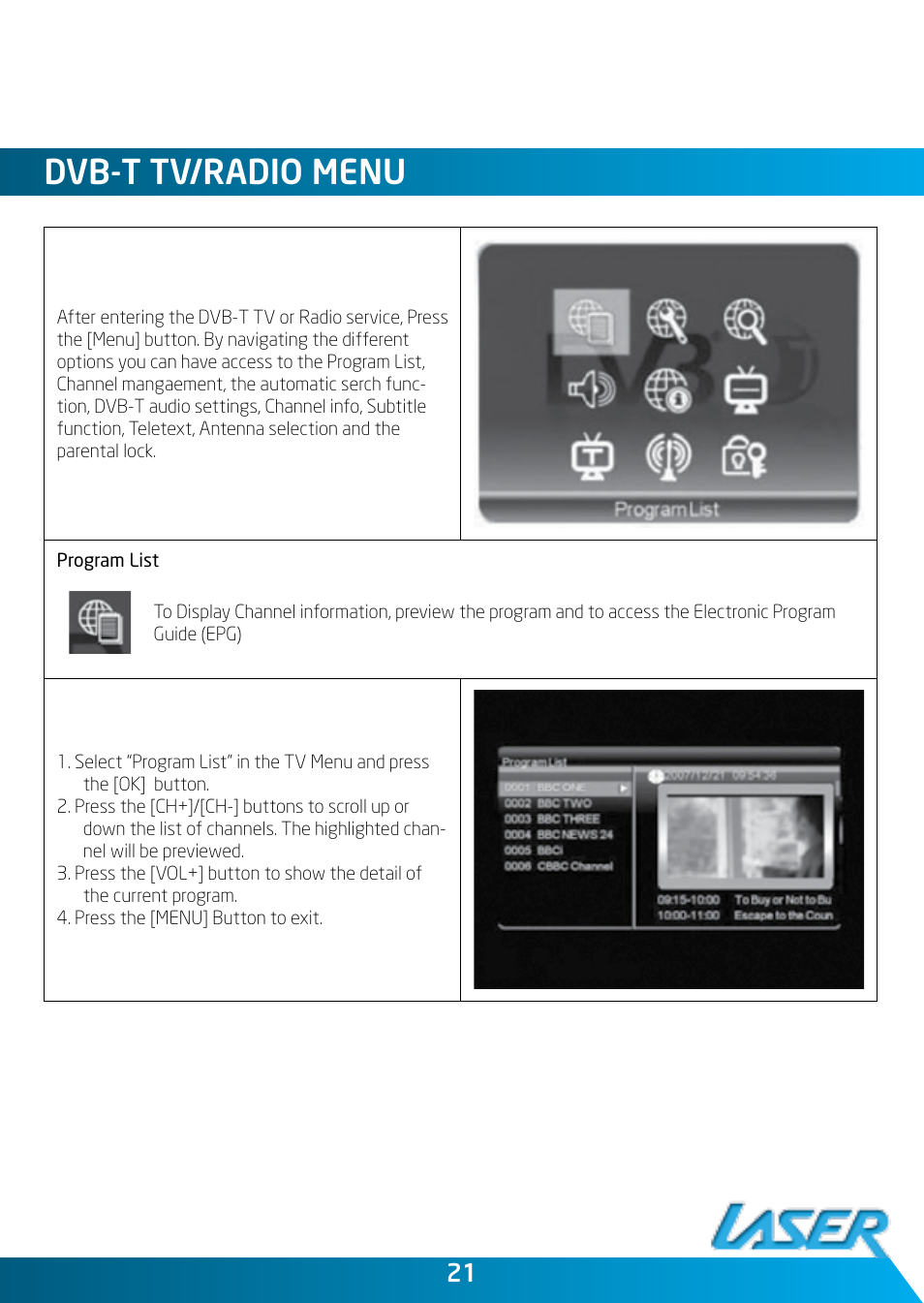 Dvb-t tv/radio menu | Laser DVBT-MP32 User Manual | Page 21 / 24