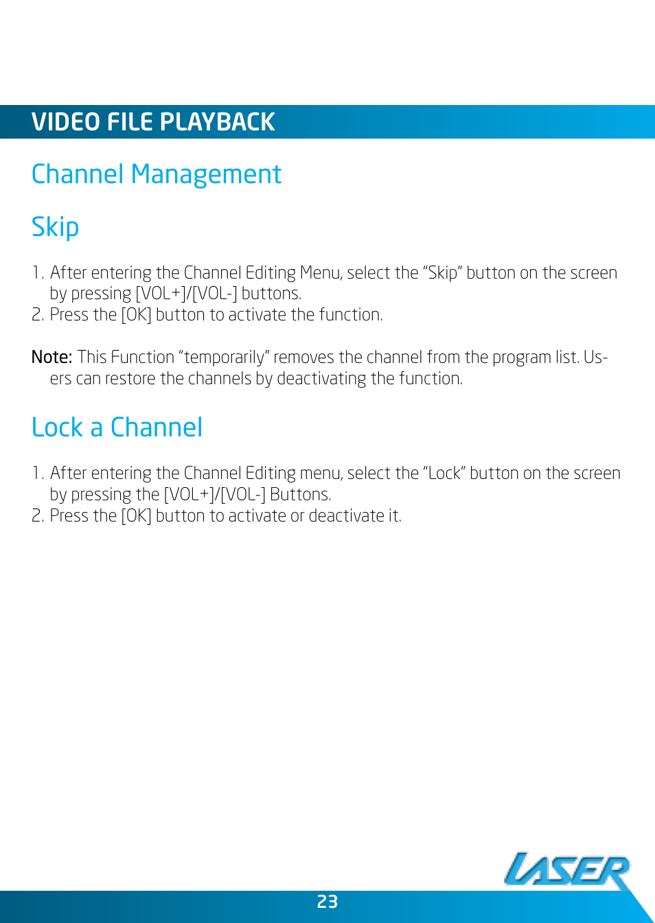 Channel management skip, Lock a channel, Video file playback | Laser DVBT-MP32 User Manual | Page 23 / 24