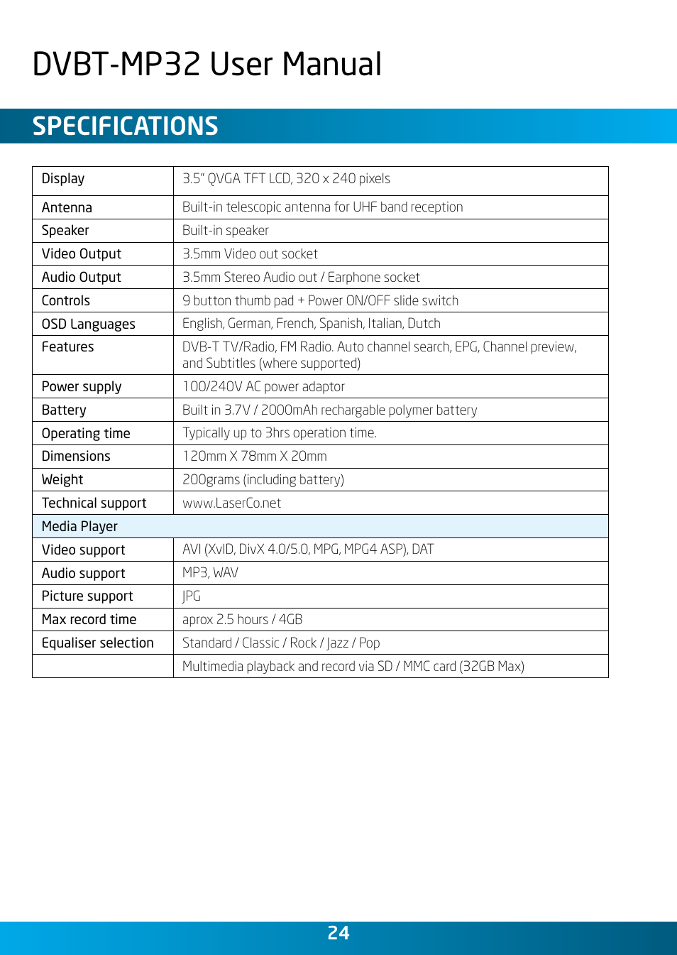 Dvbt-mp32 user manual, Specifications | Laser DVBT-MP32 User Manual | Page 24 / 24