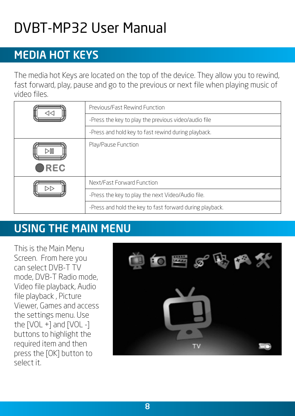 Dvbt-mp32 user manual, Media hot keys, Using the main menu | Laser DVBT-MP32 User Manual | Page 8 / 24