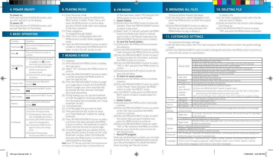 Power on/off, 5 basic operation, Customized settings | Browsing all files, Fm radio, Deleting file, Playing music, Reading e-book | Laser MP3-A9-4GB User Manual | Page 2 / 2