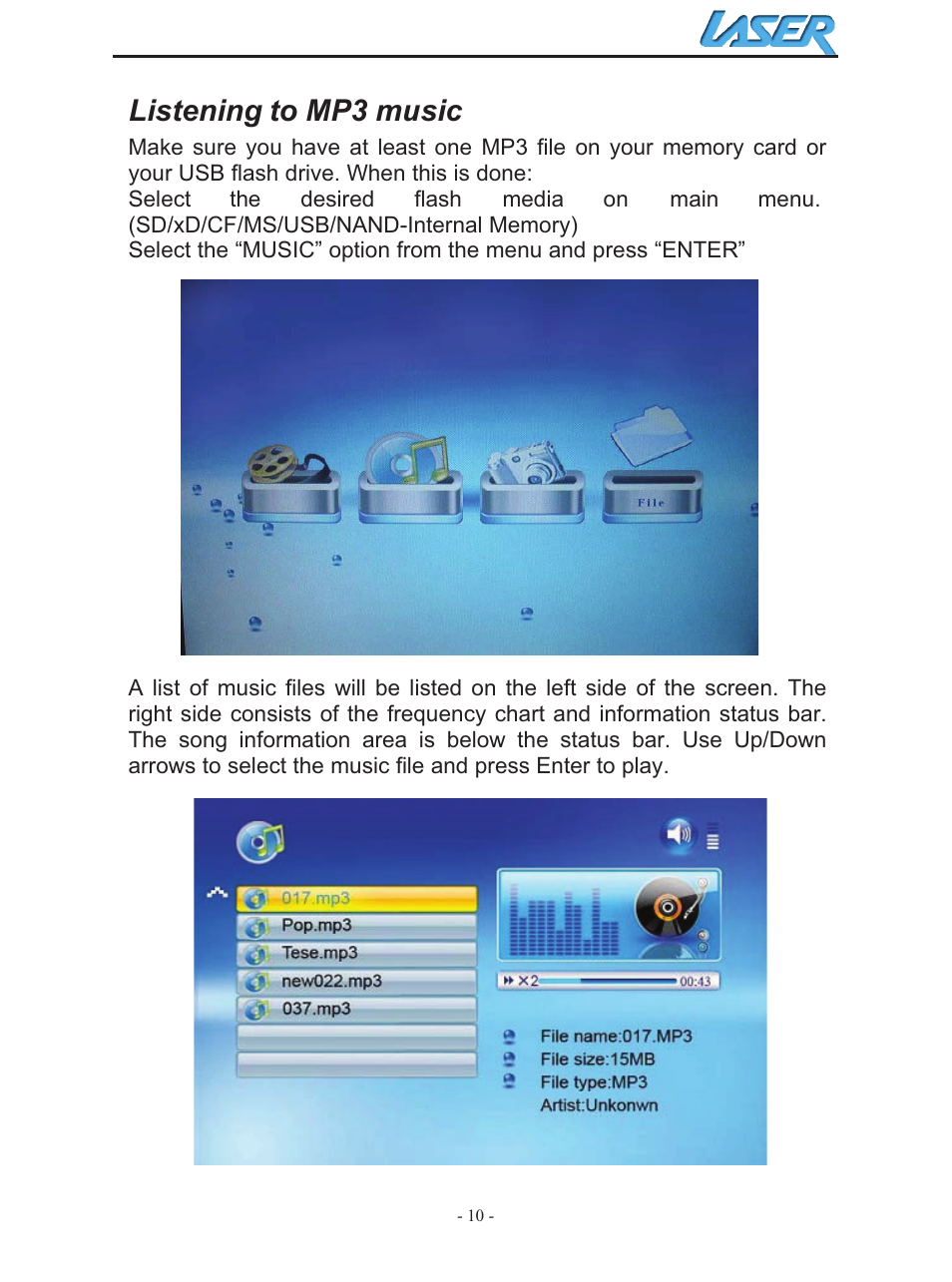 Listening to mp3 music | Laser AO-DPF10WD User Manual | Page 10 / 17