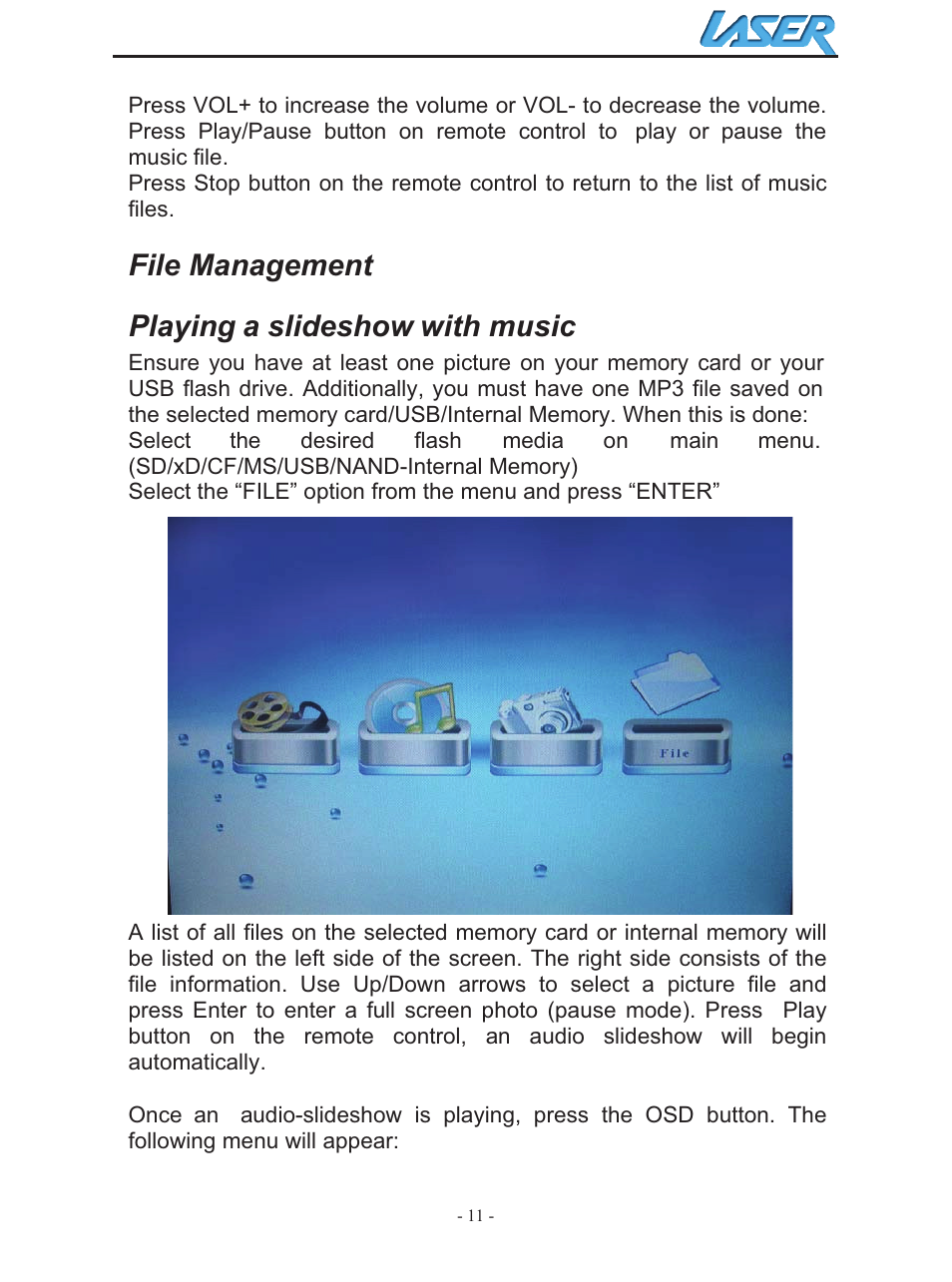 File management, Playing a slideshow with music | Laser AO-DPF10WD User Manual | Page 11 / 17