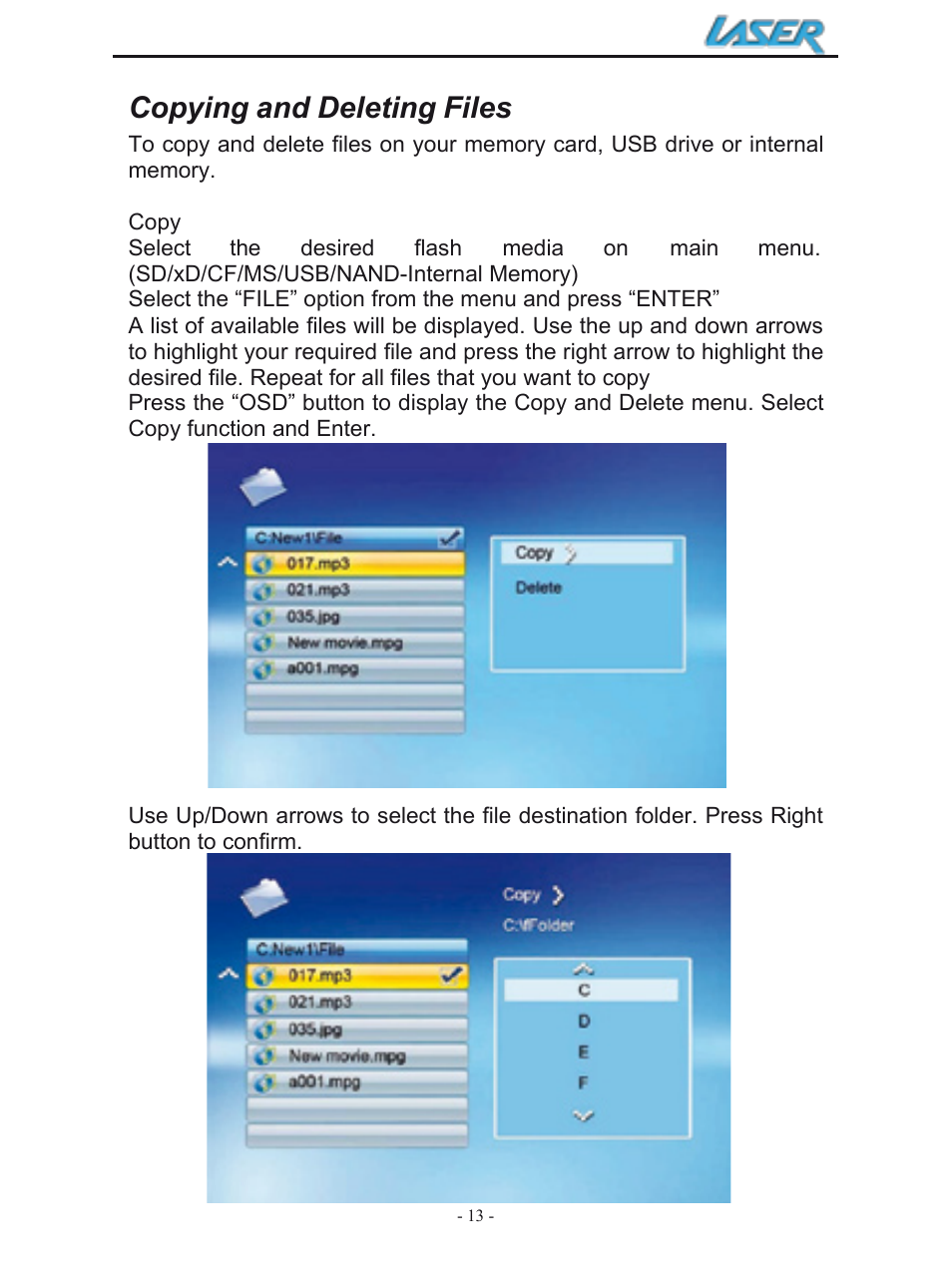 Copying and deleting files | Laser AO-DPF10WD User Manual | Page 13 / 17