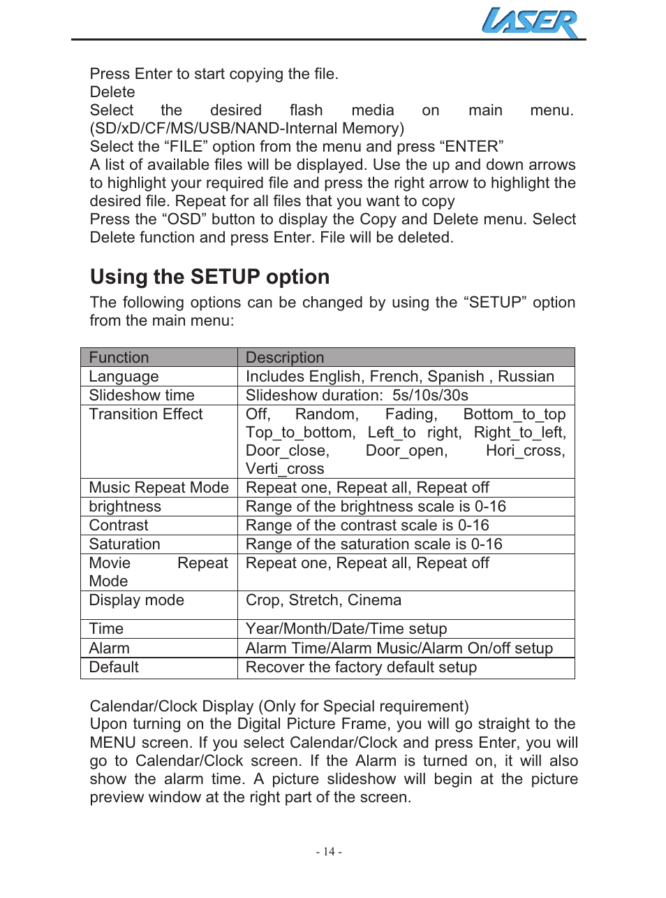 Using the setup option | Laser AO-DPF10WD User Manual | Page 14 / 17