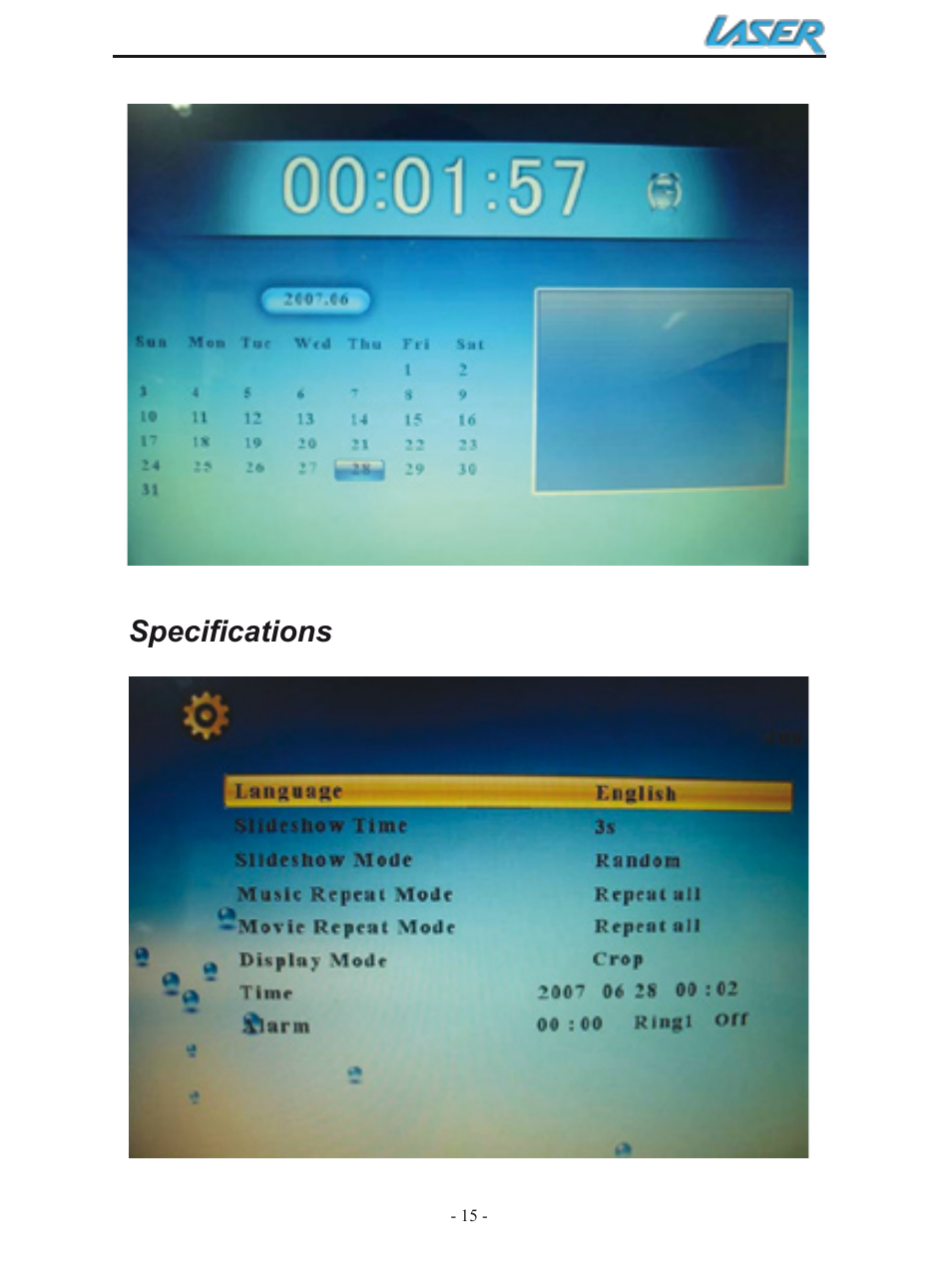 Specifications | Laser AO-DPF10WD User Manual | Page 15 / 17