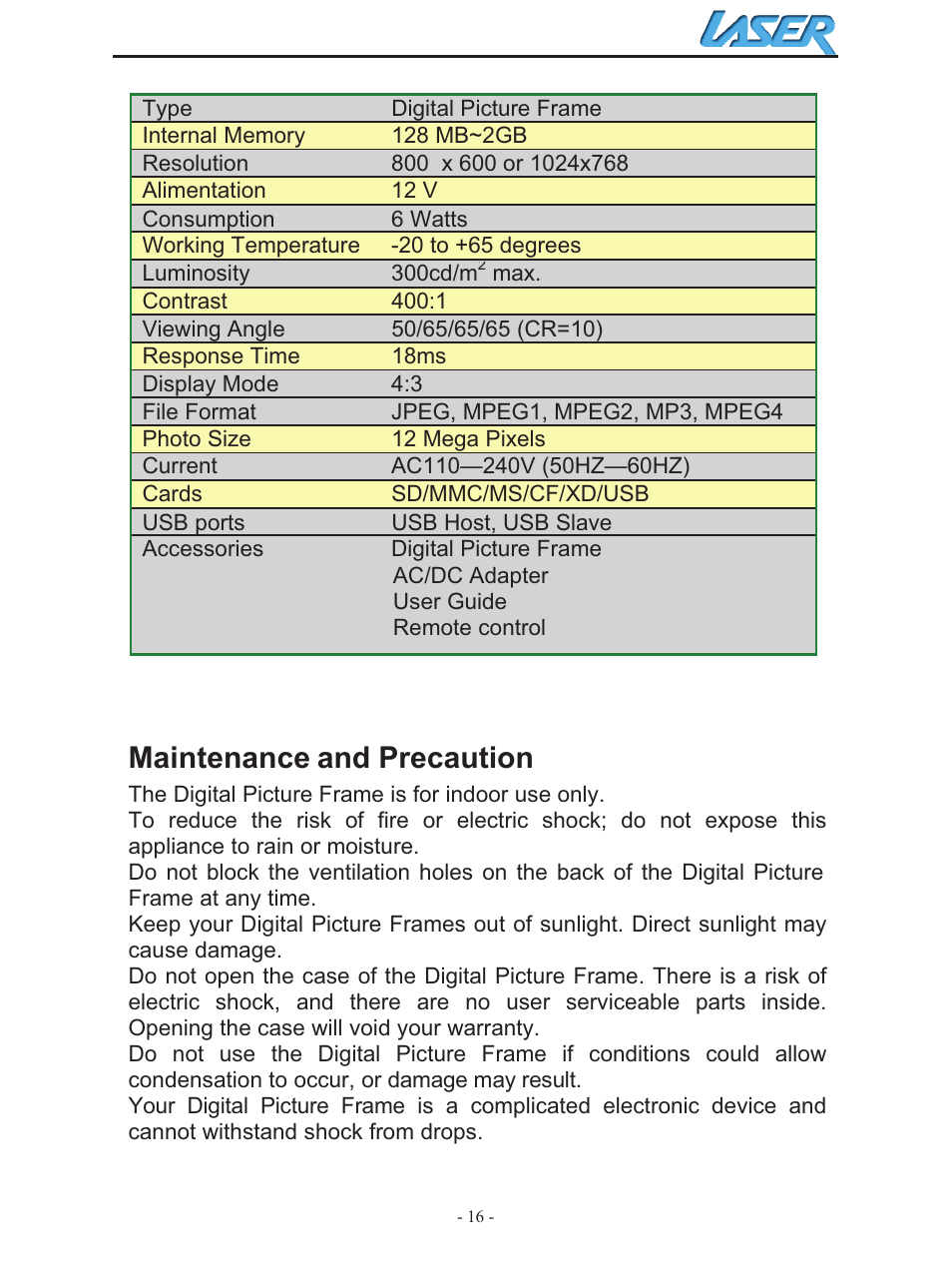 Maintenance and precaution | Laser AO-DPF10WD User Manual | Page 16 / 17