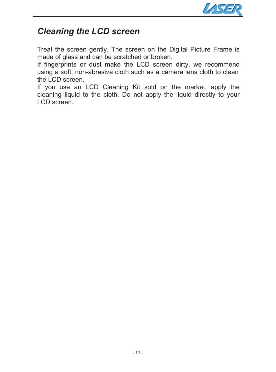 Cleaning the lcd screen | Laser AO-DPF10WD User Manual | Page 17 / 17