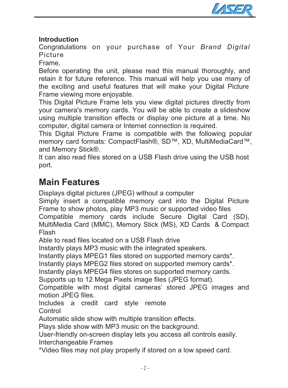 Main features | Laser AO-DPF10WD User Manual | Page 2 / 17
