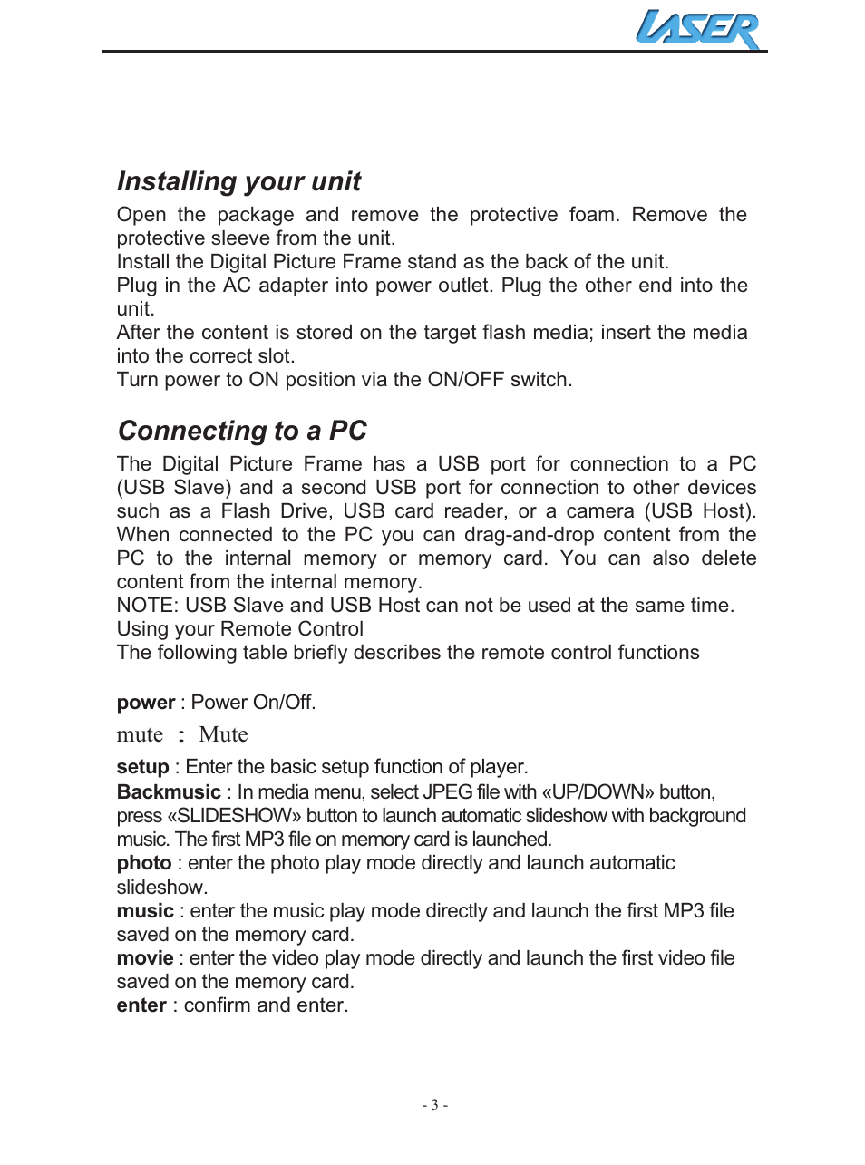 Installing your unit, Connecting to a pc | Laser AO-DPF10WD User Manual | Page 3 / 17