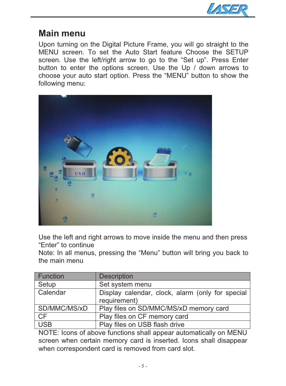 Main menu | Laser AO-DPF10WD User Manual | Page 5 / 17