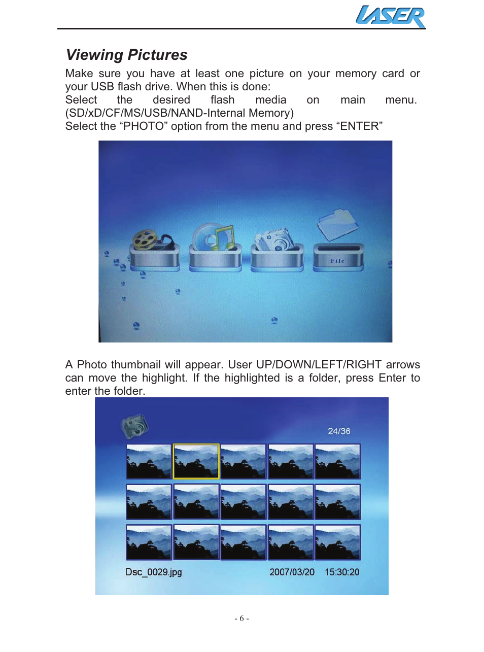 Viewing pictures | Laser AO-DPF10WD User Manual | Page 6 / 17
