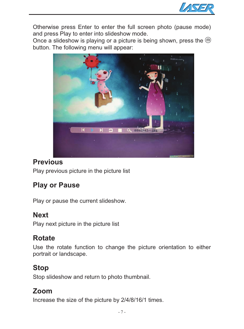 Previous, Play or pause, Next | Rotate, Stop, Zoom | Laser AO-DPF10WD User Manual | Page 7 / 17