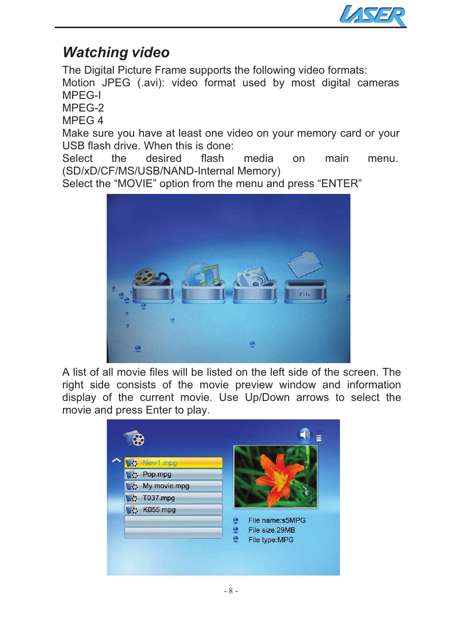 Watching video | Laser AO-DPF10WD User Manual | Page 8 / 17
