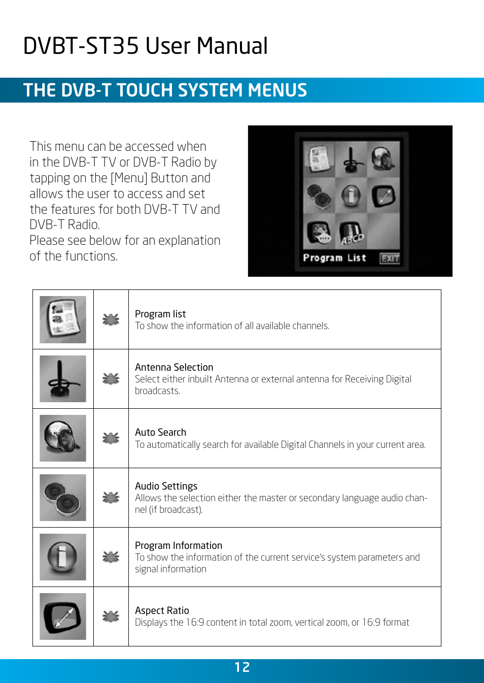 Dvbt-st35 user manual, The dvb-t touch system menus | Laser DVBT-ST35 User Manual | Page 12 / 20