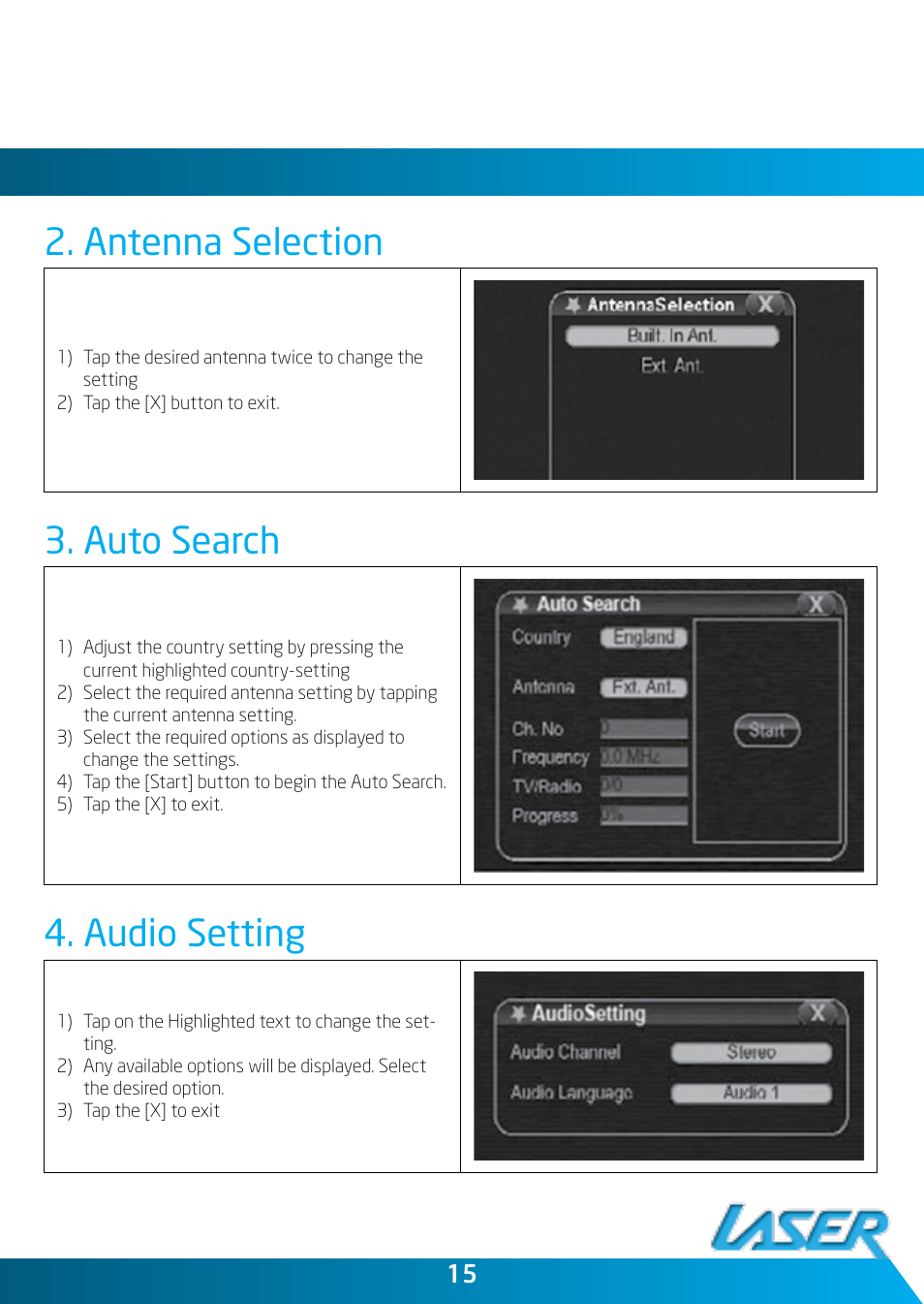 Antenna selection, Auto search, Audio setting | Laser DVBT-ST35 User Manual | Page 15 / 20
